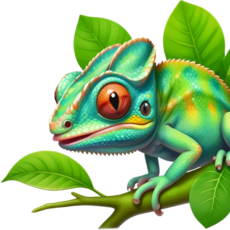 cinematic cute -baby chameleon-realistic emoji, mouth wide open with tongue out catching prey, -blending-with-vibrant-greenery.-detailed-scales-in-shifting-colors,-showing-the-chameleon’s-ability-to-camouflage.-soft-natural-light-highlights-its-texture.-light-background, zoomed into its face emoji