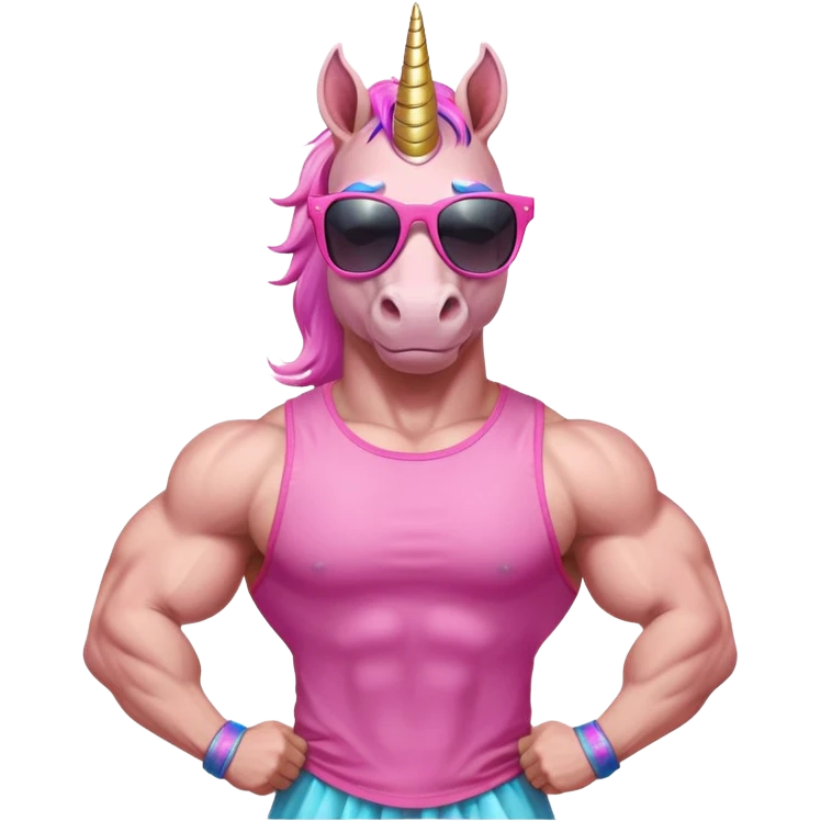 friendly anthropomorphised masculine unicorn with horse-like face, muscular bodybuilder build, in tutu and pink t-shirt, wearing dark sunglasses, standard pose, close-crop head and shoulders portrait emoji
