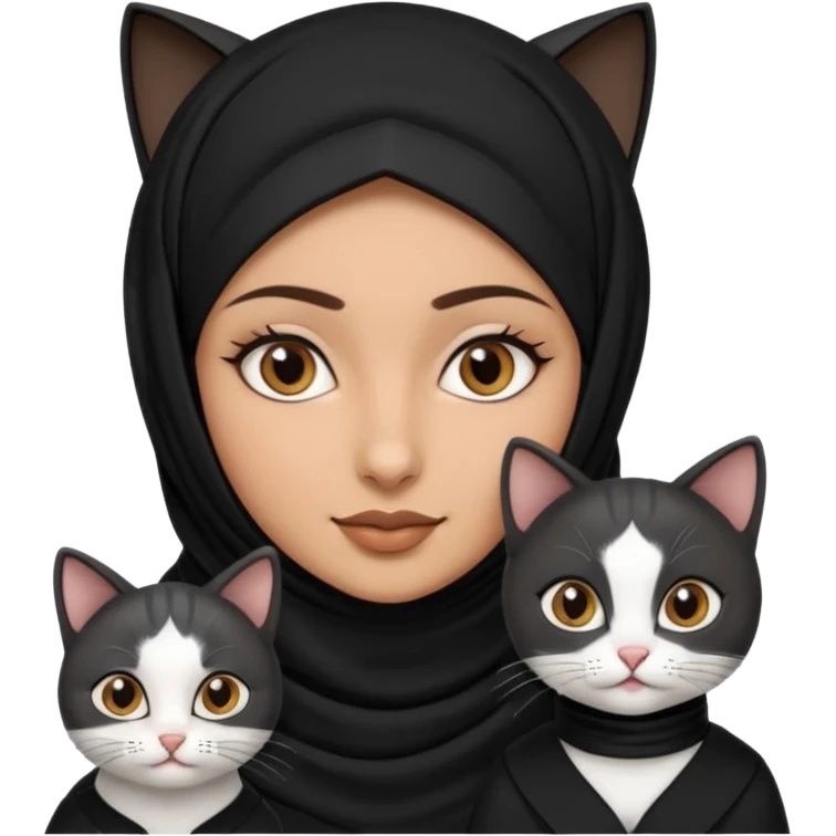 A Arabic woman human with brown eyes and black hijab. , the human is a human, two cats, the both cats is blackwhite,,  NO CAT EARS ON THE HUMAN ,  emoji