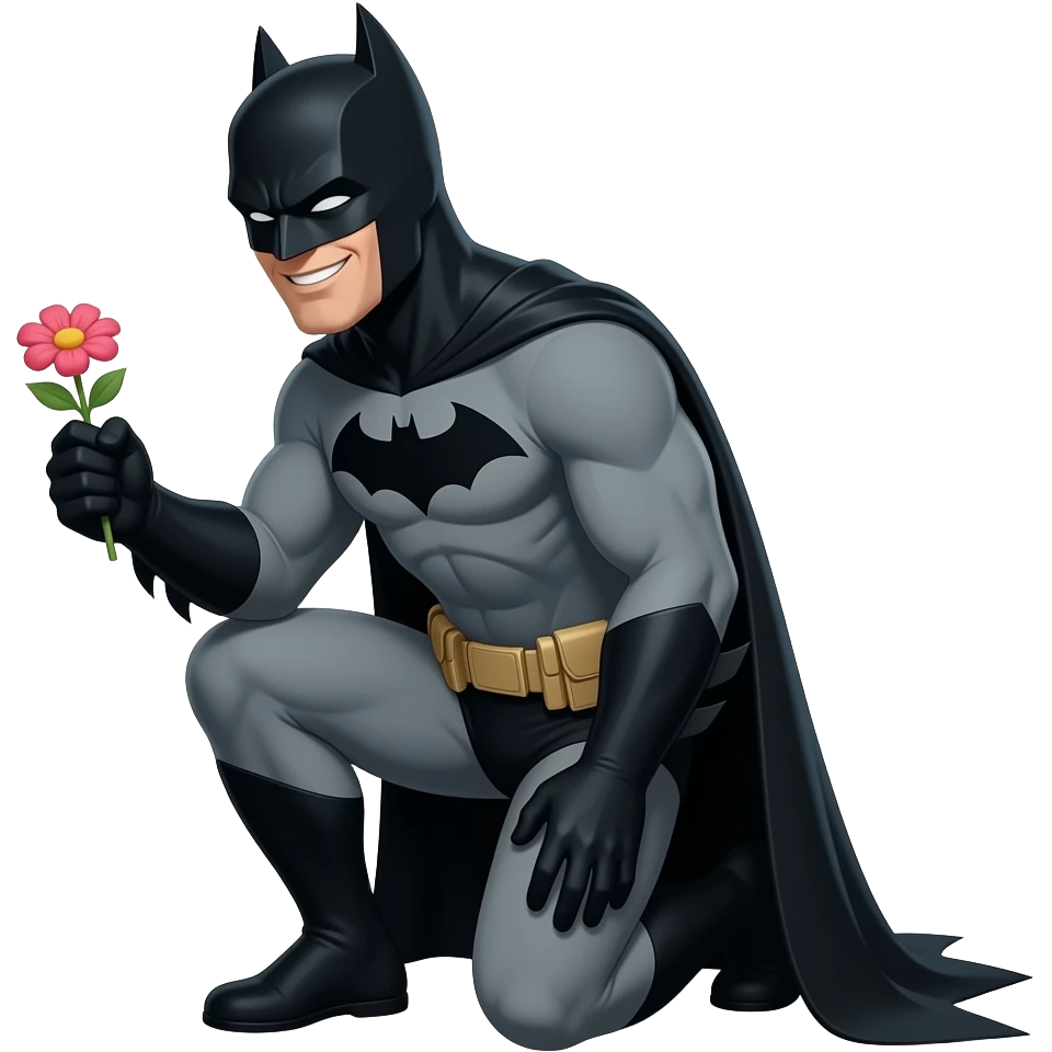 batman proposing to someone with flower on knees(don't show the girl), only happy, batman (a bit side angle) emoji