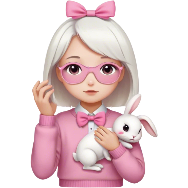 Create a human emoji of a girl with short white hair that covers her eyes only from the front, wearing a pink bow tie in the middle of her hair, wearing a pink sweater and white pants. Holding a white rabbit with pink eyes. emoji