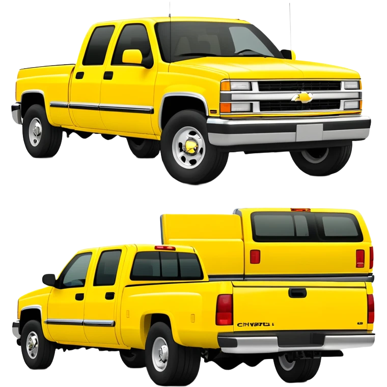 Minimalist bright yellow 1997 Chevrolet C-2500 Crew Cab Silverado truck, three-quarter view at 30 degrees, simplified design, same yellow color as in Kill Bill movie, iOS emoji style emoji