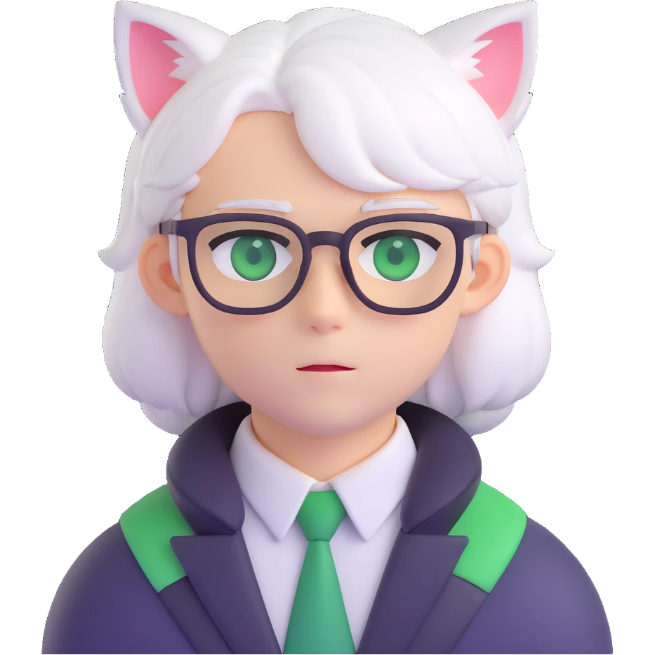 An anime guy with white hair, white cat ears, green eyes, and glasses, only head emoji