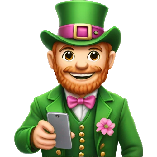 Leprechaun wearing pink holding a phone emoji