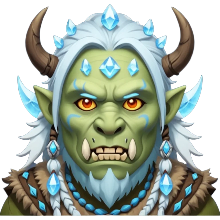 Fantasy Christmas orc shaman icon, ice spirit magic theme, glowing runes, winter tribal mask elements, mystical cold atmosphere, emoji sized portrait, male/female variant emoji
