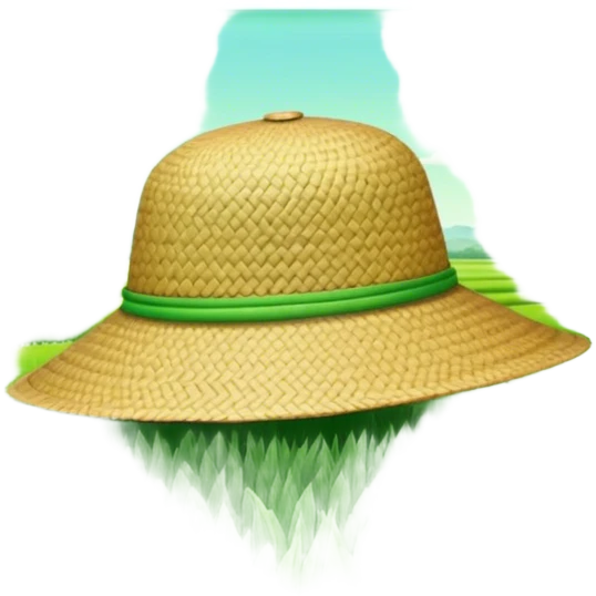 Cinematic Realistic image of a traditional rice farmer's hat, crafted from woven natural fibers with delicate texture details, set against a lush backdrop of vibrant green rice paddies under gentle, early morning light that evokes rural tradition. emoji