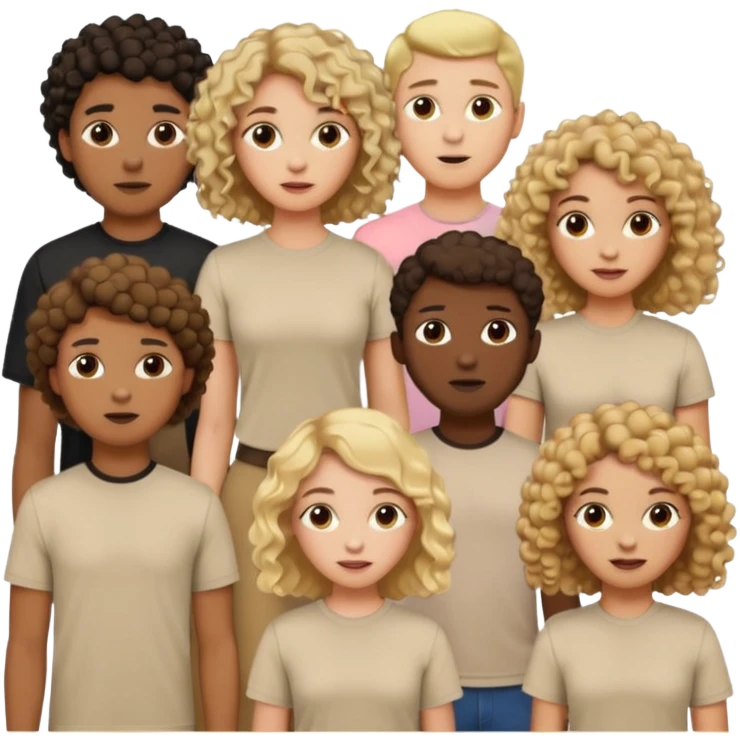 group of people  together ; men and women with brown, blonde, black hair- short hair, long hair and curly hairr wearing beige shirts aesthetic no collar, brown people, white people, black people emoji