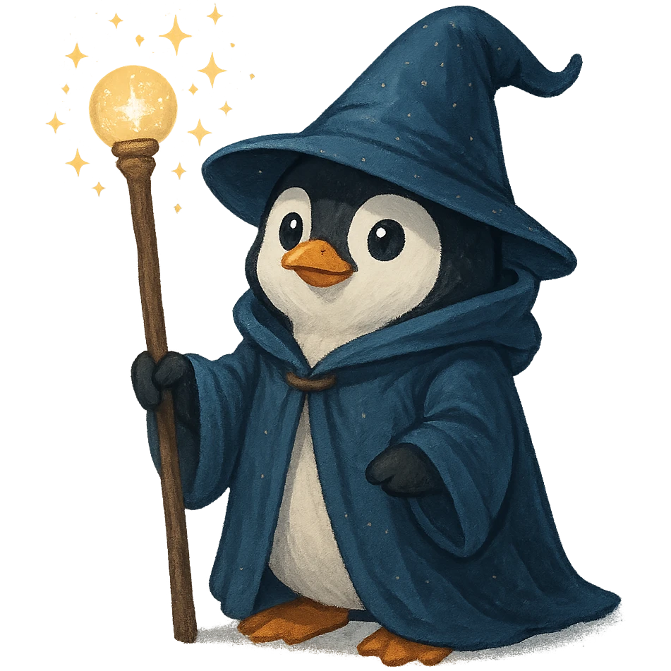 penguin wizard holding a staff wearing a pointed hat with magical sparkles emoji