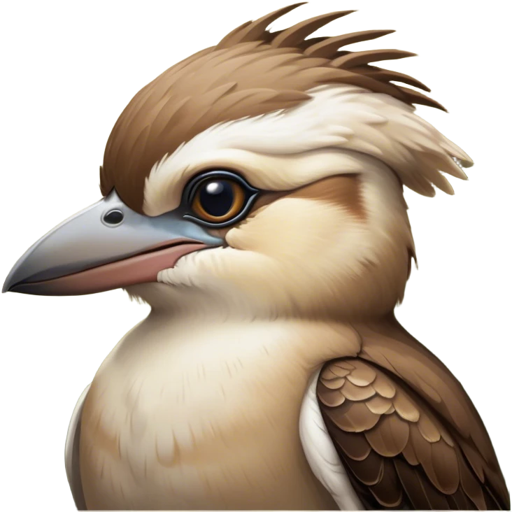 Cinematic Noble Kookaburra Portrait Emoji, Poised and regal, with a stout, robust build and a striking plumage of earthy browns and creams, a strong beak and deep-set soulful eyes, Simplified yet sharp and sophisticated features, highly detailed, glowing with a soft, dignified glow, high shine, intelligent and exuberant, stylized with an air of native woodland majesty, focused and attentive, soft glowing outline, capturing the essence of a watchful and confident bird, so majestic it feels as though it could laugh out of the screen with effortless authority! emoji
