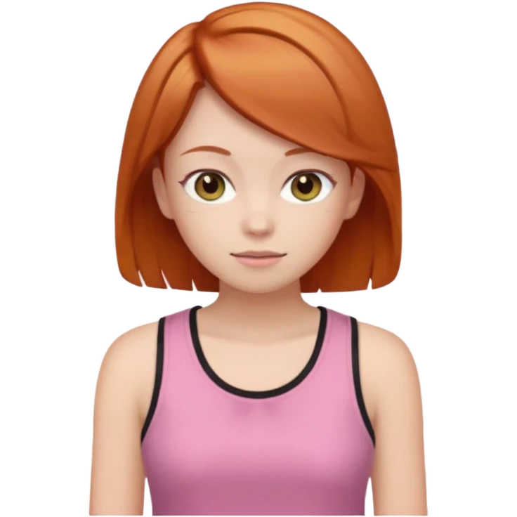 Create emojis of a girl with ginger hair and a hime haircut, gray eyes. She's wearing a pink tank top and a brown sweatshirt. emoji