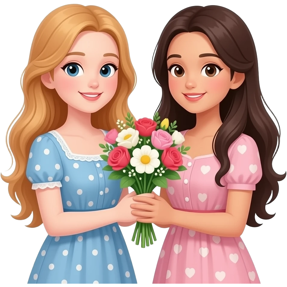 Litlle fair haired girl giving little girlfriend with dark hair flowers both with long hair and dresses emoji
