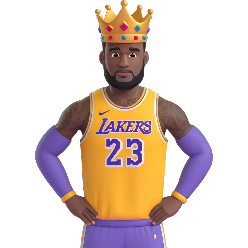 Lebron James wearing a Lakers jersey and a crown on his head, detailed likeness, vibrant colors, iconic pose emoji