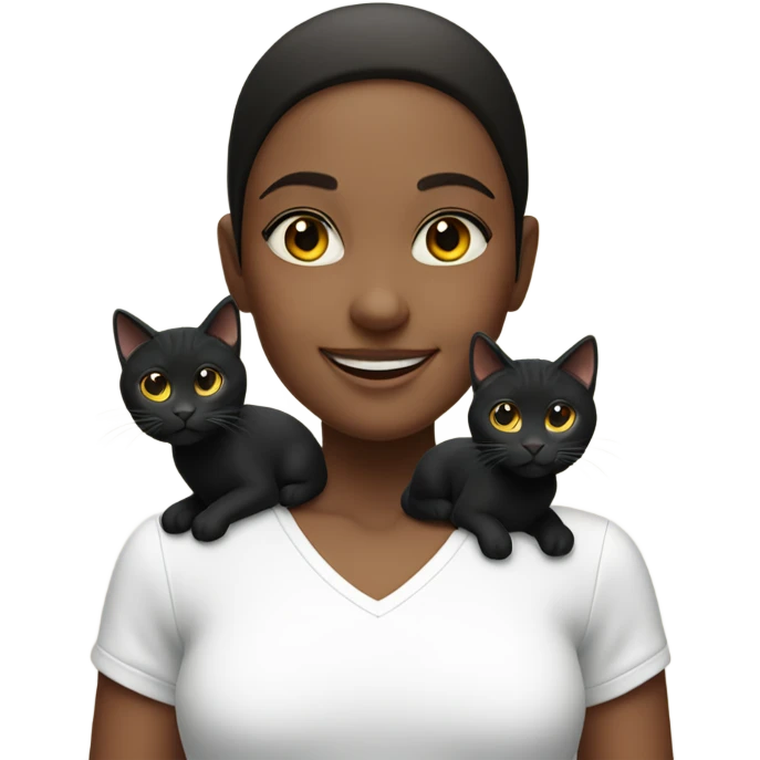 smiling girl in white shirt with 3 black cats around her emoji