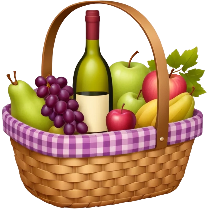 Food Basket, Pink basket, plaid lining, with both food, drink and fruits emoji