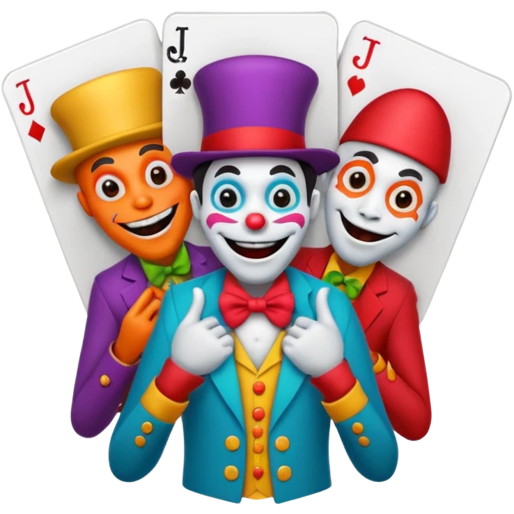 3 poker cards, with crazy colorful human jolly jokers inside, face and torso only emoji