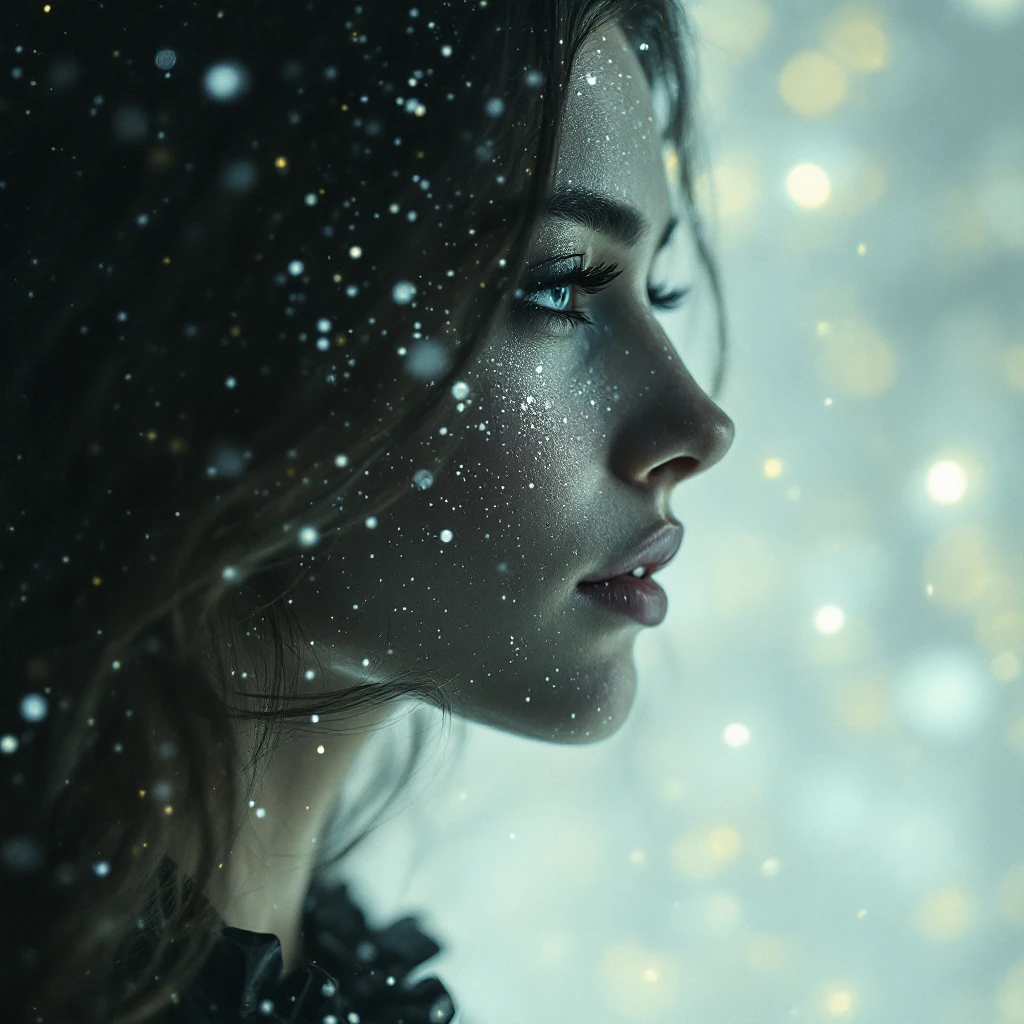 Cinematic still of a Woman looking for a dot emoji