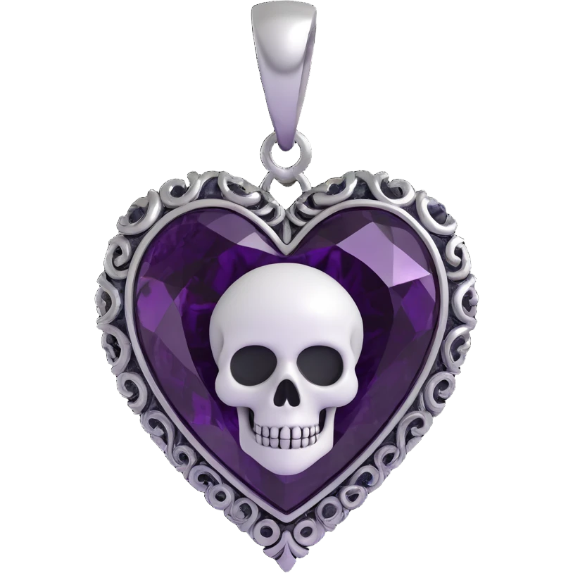 gothic heart, black velvet texture, silver skull charm, deep purple gemstone, ornate and dark emoji