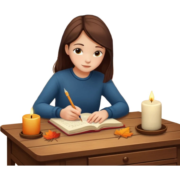 Girl writing in a journal on a desk with a candle on it next to a window with fall scenery emoji