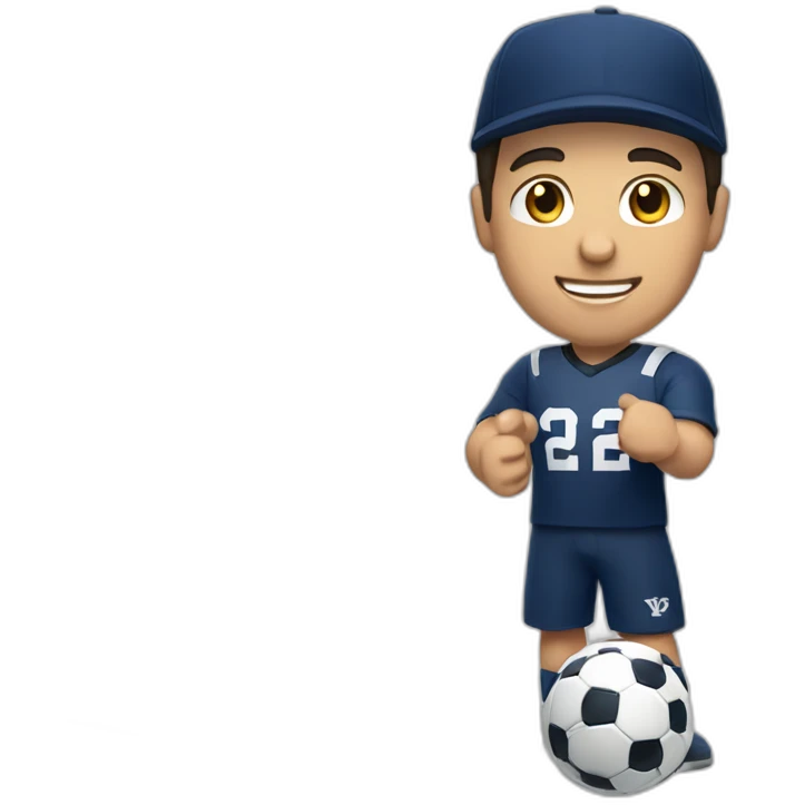 Caucasian guy with dark short hair wearing a Yale university hat holding a soccer ball and a MacBook computer emoji