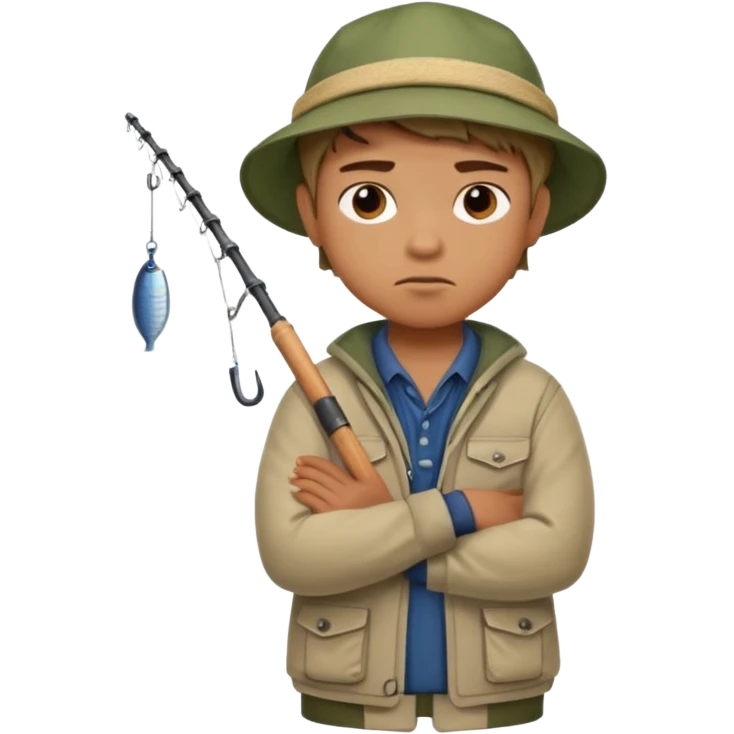 A boy with crossed arms, looking annoyed, dressed in fishing clothes. emoji