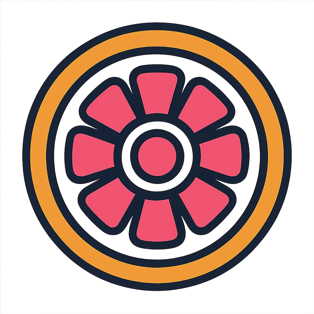 Create an alternate version of the grapefruit icon as a planetary gear ring. Make the center circle even larger to represent the main bearing. The pink segments should look like planetary gears arranged around the center. Minimize the white portion between the pink segments and the orange peel. Keep the circular shape with a medium black border and white background inside the circle. The outside should be transparent with no sky or outdoor elements. Use the color outline icon style. emoji