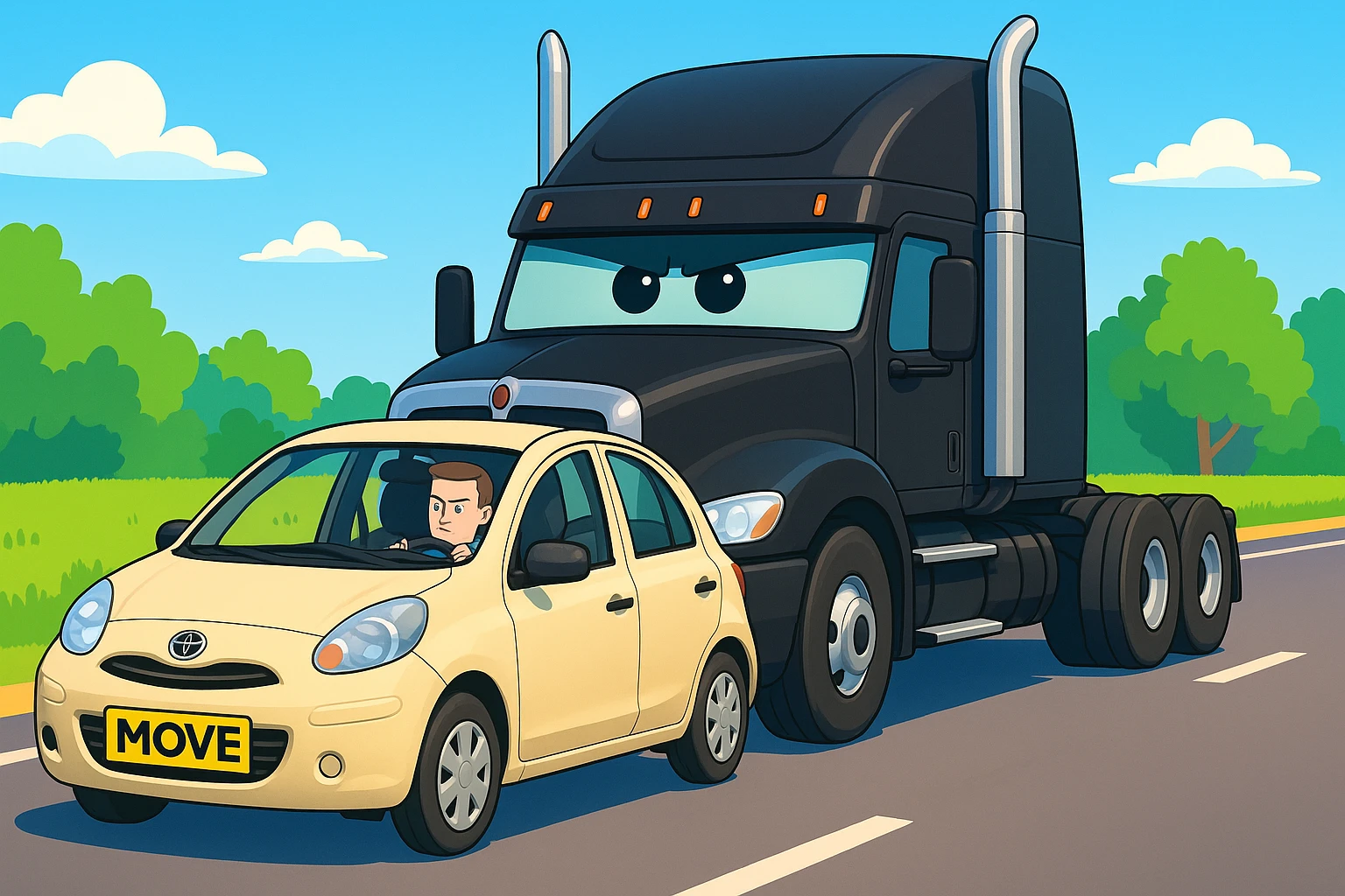 Make the entire scene brighter and more vibrant, keep the black semi truck without a trailer and a person in the car in front. emoji