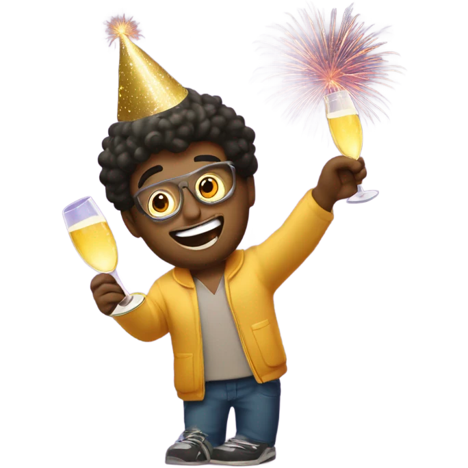 A dude celebrating new year, with a party hat that says 2025 and a glass of champagne in his hands, and add fireworks in the background emoji
