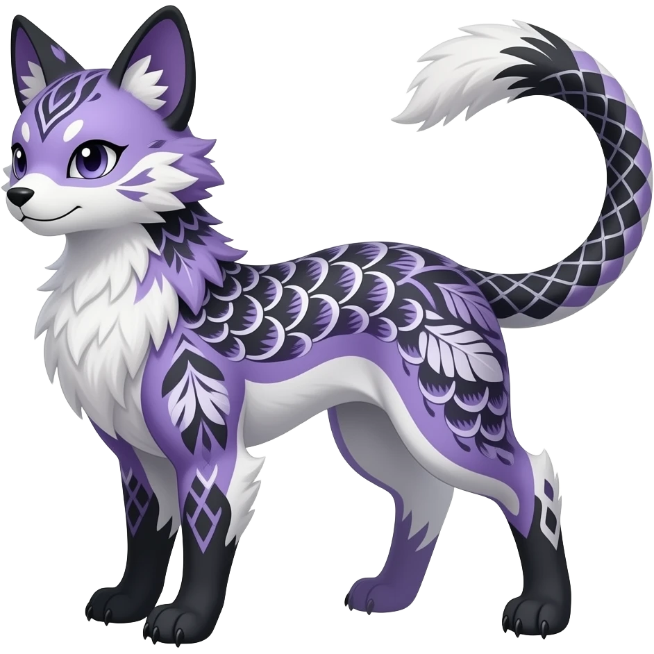 Damask-patterned Slim elegant realistic Asian Furry, feathery fluffy tropical flecked painted feathery scaly, Purple, white, black, Minccino-Bambino-Lykoi-Linoone-Zangoose-fusion-hybrid-animal-Fakémon-creature, full body, thin long sleek scaly tail, intricate markings emoji