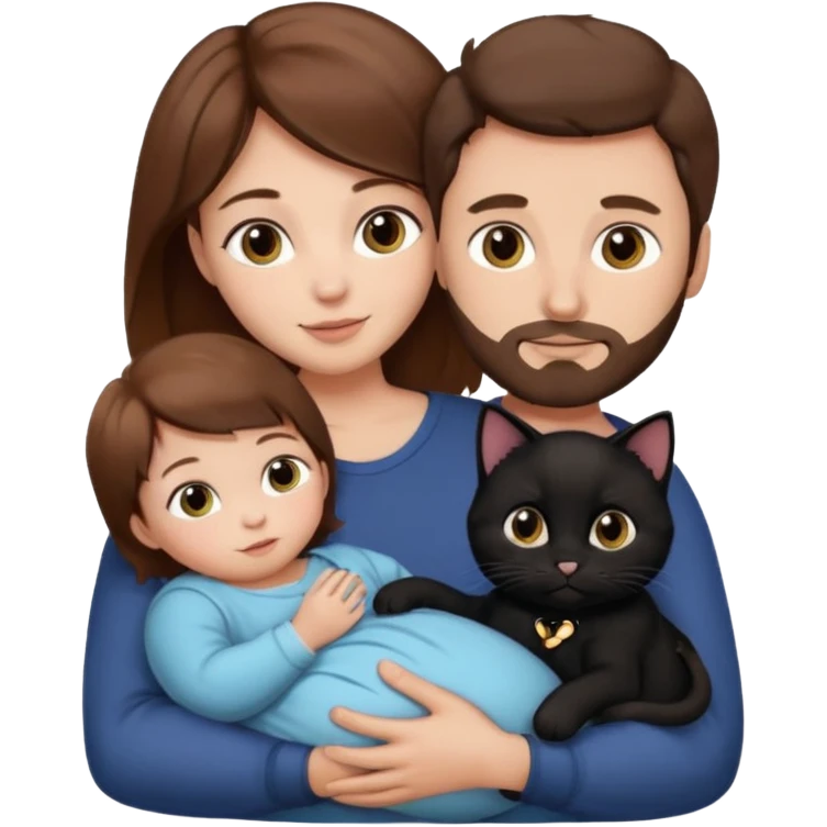 1 mom brown hair, 1 dad, 1 baby and 1 black cat emoji