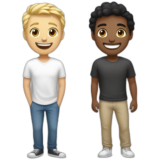 Gay couple, 1 guy Latino black straight hair and 1 Australian white guy with blonde slightly curly hair laughing full body. Also a cat emoji
