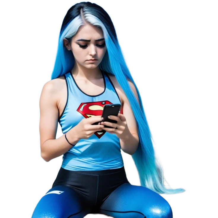 Shameful disappointed crying-very very very very big chest-texting on a samsung cell phone-very long straight flowing black to sky blue hair ombre-blue eyes-black eyeliner-long eyelashes-plastic sparkling sky blue very low cut tank top with sparkling superman logo-black leggings-nike sneakers emoji