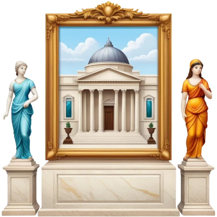 An icon featuring an elegant art gallery with classic paintings hanging on the walls, and sculptures displayed on pedestals. Visitors admire the exhibits, capturing the essence of culture, history, and art. Set against a transparent background. emoji