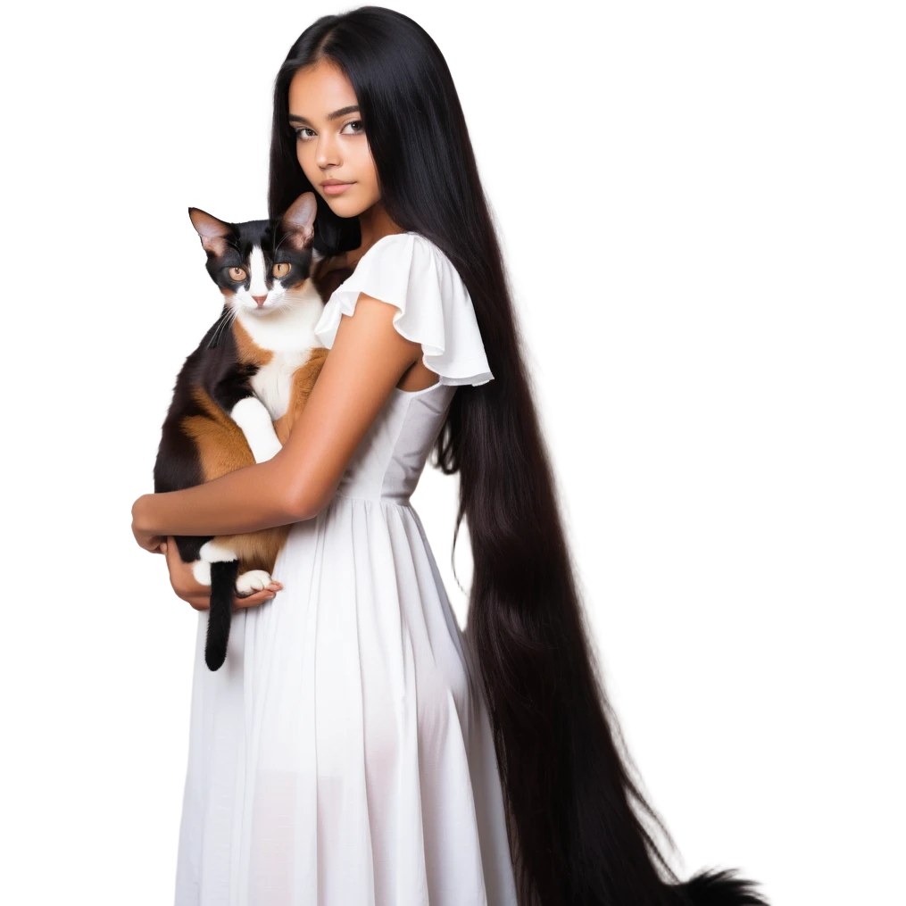 beautiful girl with long black hair in a white dress cuddling an Abyssinian cat with reddish-brown fur emoji
