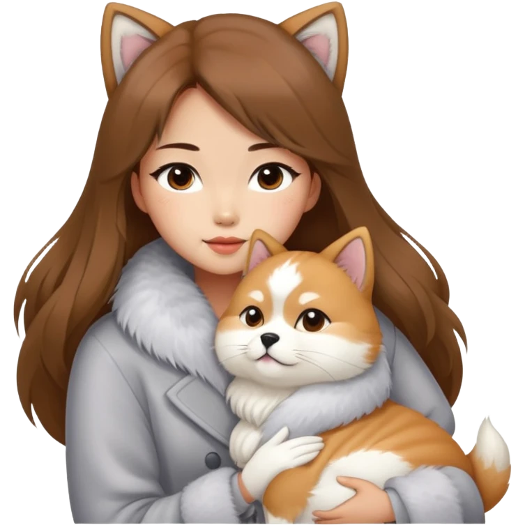 A Chinese fashion girl with brown hair, wearing a light gray fur coat, hugging a Shiba Inu and a long-haired white Persian cat. emoji
