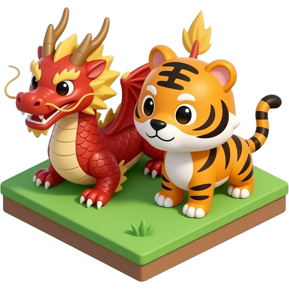 3D isometric emoji of Dragon and Tiger Pagodas, chibi style, glossy, vibrant, minimal background emoji