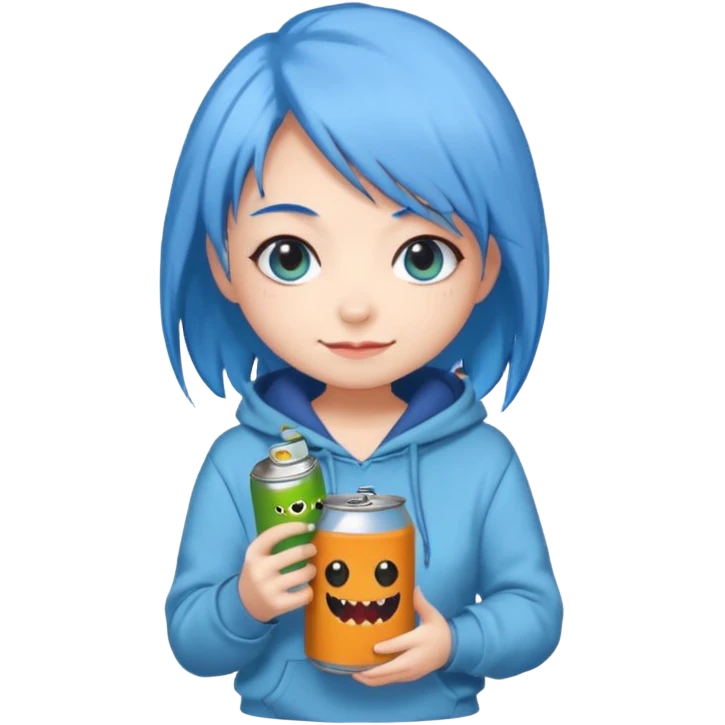 Chibi sticker of a woman with powder blue hair with white eyes hold a can of Monster with a smug smile; cozy style emoji