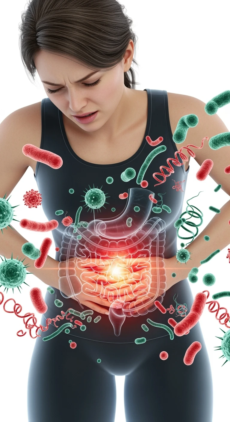 DONNA CON MAL DI PANCIA E INTESTINO UMANO ANATOMICO VISIBILE, BATTERI INTESTINALI FLUTTUANO INTORNO, IPERREALISTICO 4K, SFONDO BIANCO emoji