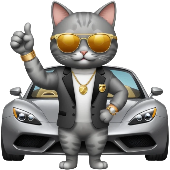 cat wearing sunglasses and a watch giving a thumbs up next to a fancy car emoji