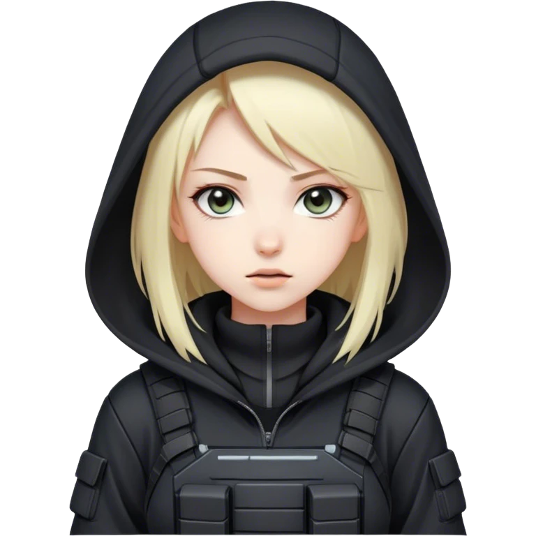 Anime girl in a black hoodie, tactical gear, high-tech controls, focused expression emoji
