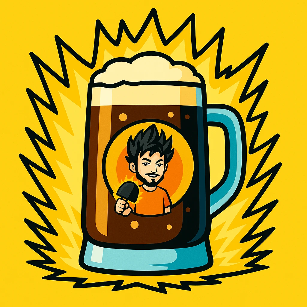 Füge das angegebene Logo mittig auf das Goaßmaß-Glas ein, ohne die gelbe Anime-Energieaura zu verdecken. Stil: Vibrant Toon. emoji