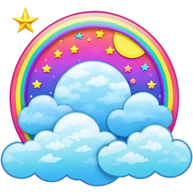 Beveled button with Neon rainbow colored damask style full moon with stars and clouds in the center emoji