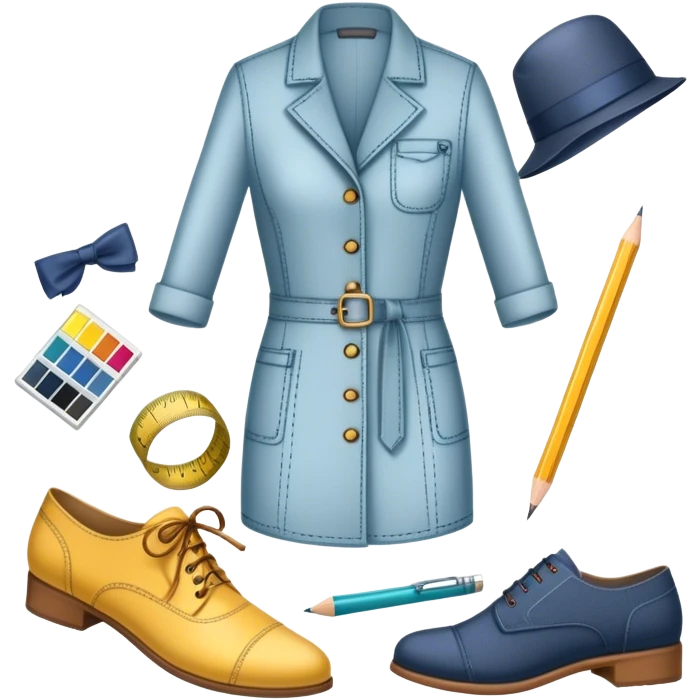 Icon for Fashion Design: sketches of clothing, shoes, and accessories with design tools like a pencil, fabric swatches, and a measuring tape. The icon should represent creativity in fashion design and tailoring. Transparent background. emoji