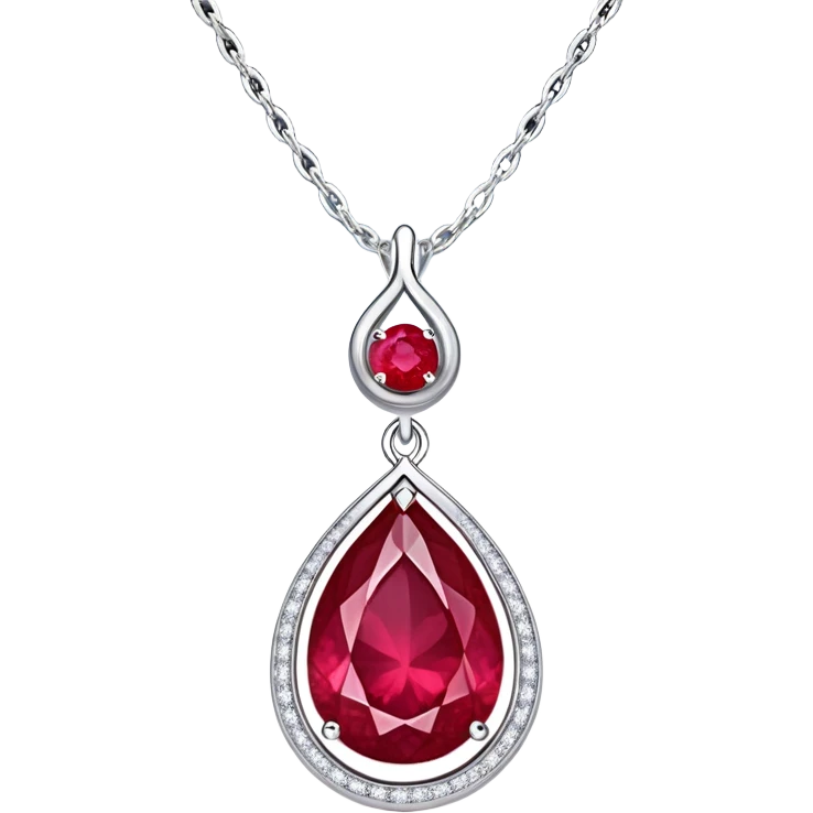 teardrop ruby pendant with delicate silver chain, slightly tilted, inside glowing cosmic embryo surrounded by asymmetrical swirling stardust and fiery trails, radiating ethereal magic emoji
