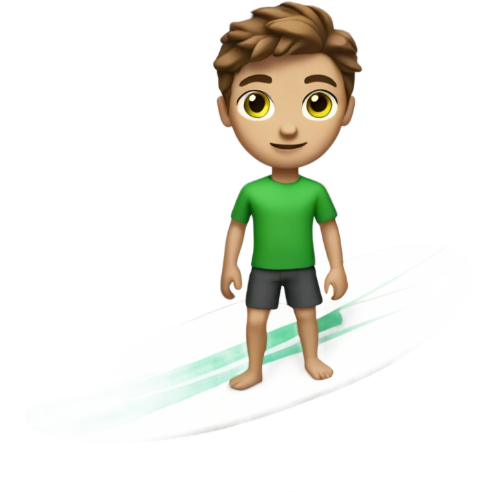 do a white skin teenage boy surfing with brown hair green eyes and a cute outfit, full body legs arms emoji