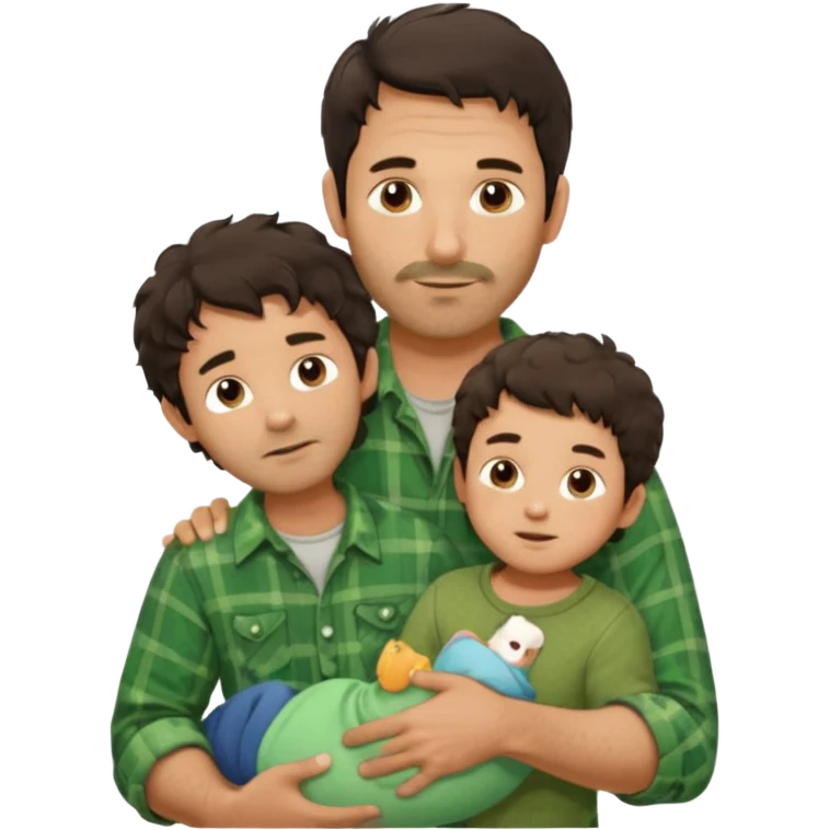 A father with messy medium-length dark hair and light stubble, wearing a green flannel shirt. He holds his child who has short curly brown hair and a cream-colored romper. Cozy warm lighting, authentic family moment. emoji