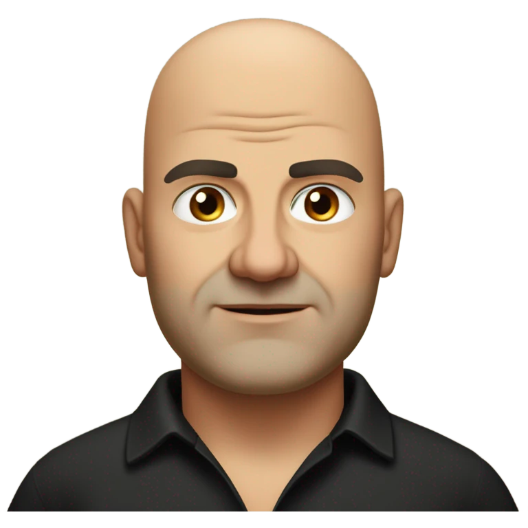 A slightly overweight middle-aged Italian man with olive-toned skin with bald hair and no facial hair. He is wearing a sleek black smart shirt, casually unbuttoned at the top. emoji