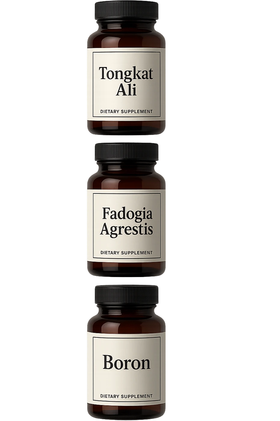 4 boccette di integratore: Tongkat Ali, Fadogia Agrestis, Boron e Zinco fluttuano in aria verticalmente emoji