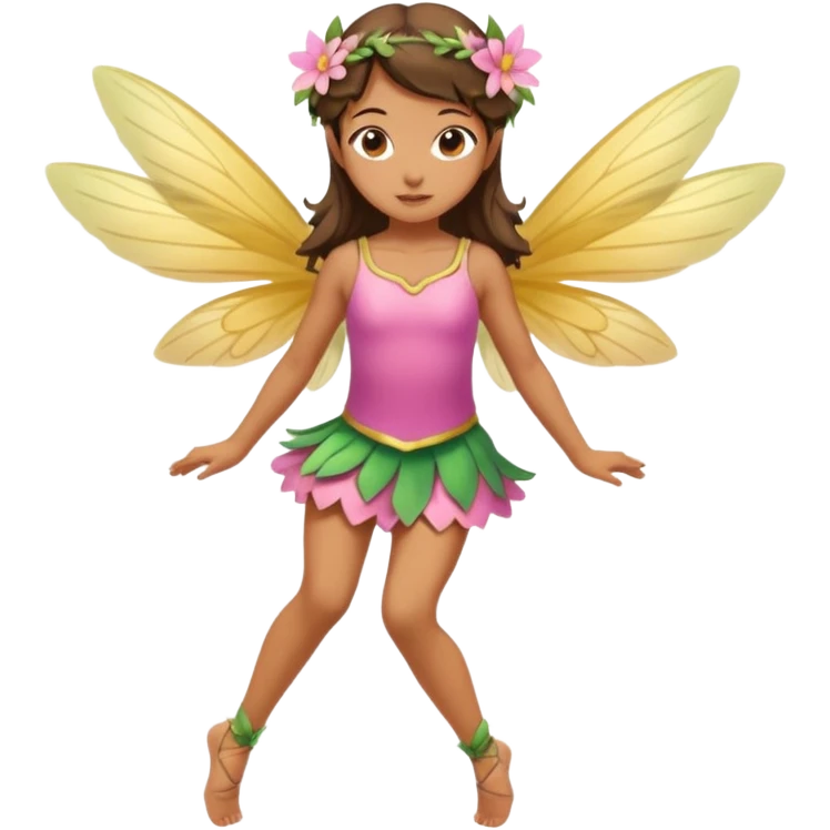 A winged flower fairy girl, wearing a short skirt, one leg straight and the other bent, her body tilted, in a flying pose. emoji