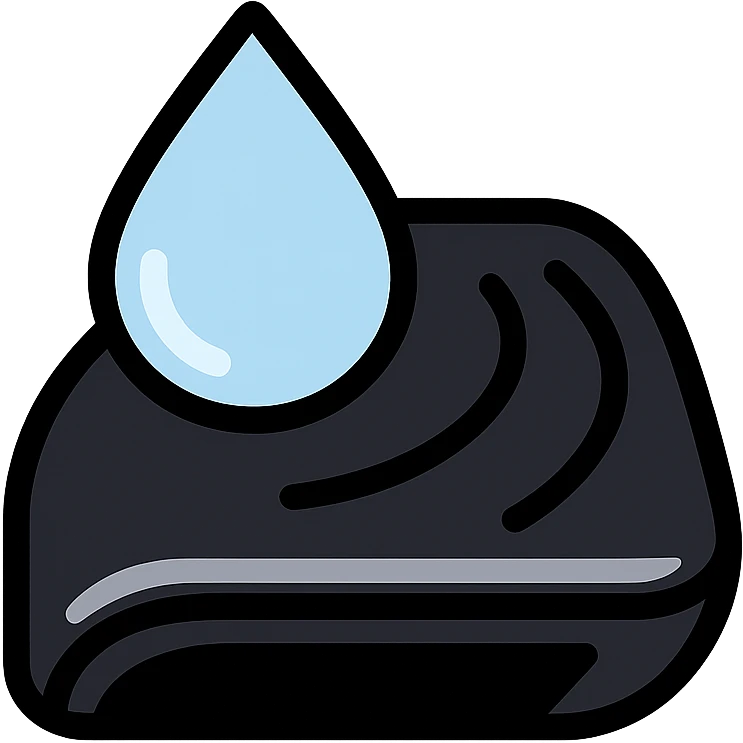 light blue or silver water droplet sliding on glossy black mirror-like paint of a high-end vehicle, main color glossy black, subtle repellent effect with water lines moving away, modern and clean icon emoji