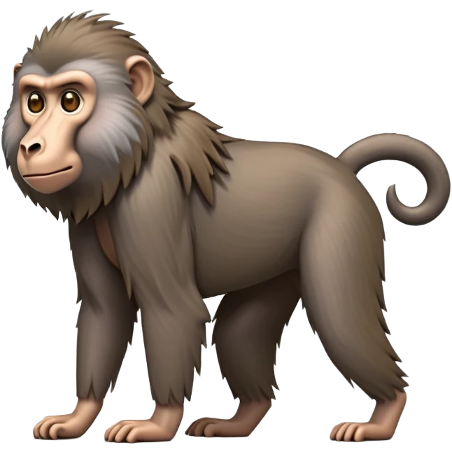 cinematic-hairy top half baboon-full-body-standing on all fours-emoji,-head-tilted-dramatically,-thick-grey-and-brown-fur,-simplified-yet-realistic-focused-features,-highly-detailed,-glowing-with-an-almost-sarcastic-glow expressive eyes, hairy mane emoji